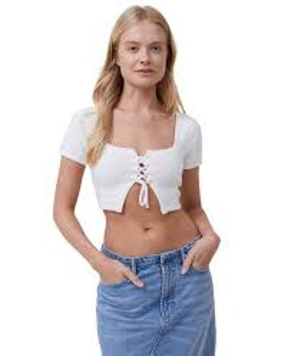 Cotton On Y2K Crop Top White Ribbed Knit Ruched Tie Front Puff Sleeve Sz M New